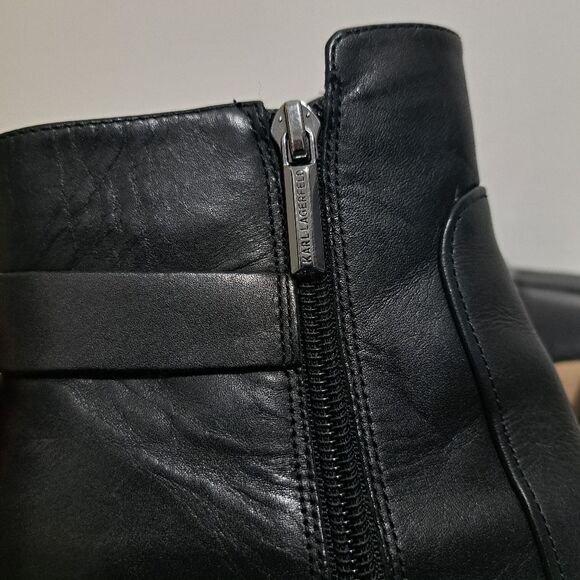 Karl Lagerfeld Paris Elegant Goth Leather Block Heel Ankle Boots Size 7.5 Black - Picture 13 of 15